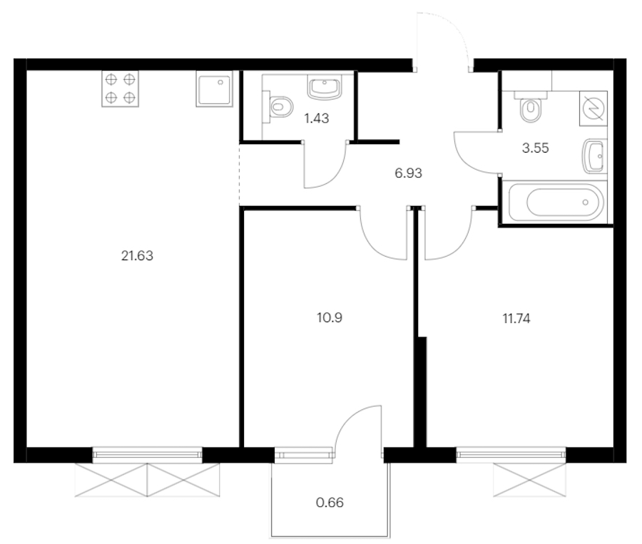 2-комнатная квартира 56.84 м², 9/15 эт., ЖК «Заречный парк»